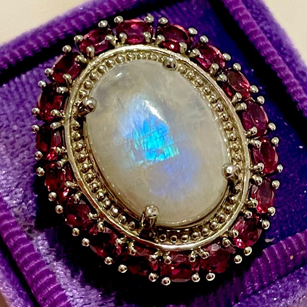 925 Kuisa Rainbow Moonstone & Orissa Rhodolite Garnet Halo Ring Sz8 Euc